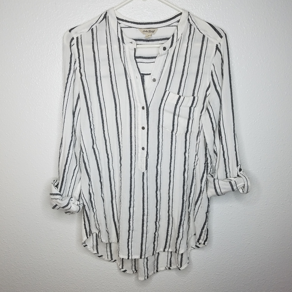 LUCKY BRAND vertical stripe roll sleeve blouse Sm - Picture 2 of 7